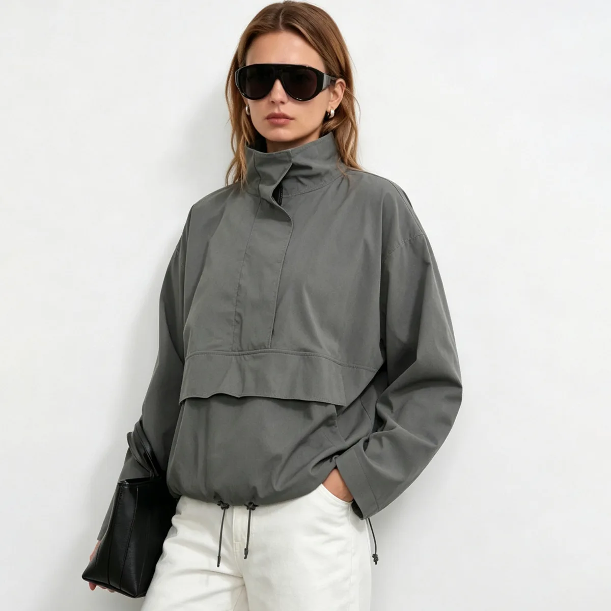 IG 26 Women's High Stand Collar Half Zip Wind Jacket, Layered Fake Two Piece Panel Hem Long Sleeve Oversized Loose Fit Side