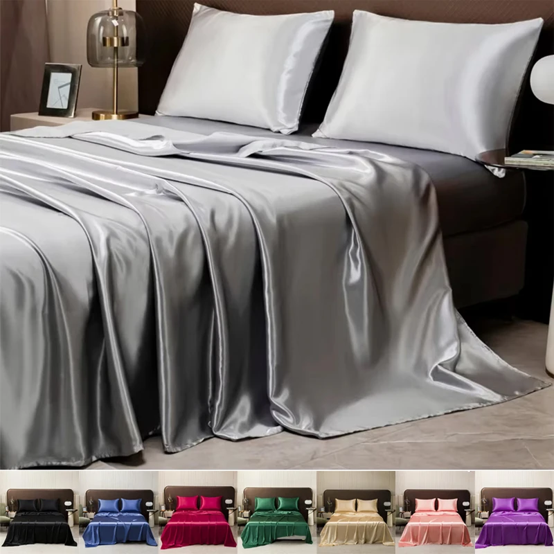 3PCS Luxury Satin Silk Linen Double Bed Sheet Set Satin Bed Line Bedsheet Solid Bedcover Bedspread Pillowcase juegos de sábanas