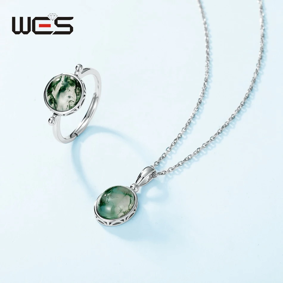 WES 925 Sterling Silver Pendant Necklace for Woman Round Natural Moss Agate 8*10mm Fashion Jewelry Wedding Party Gifts Gemstone