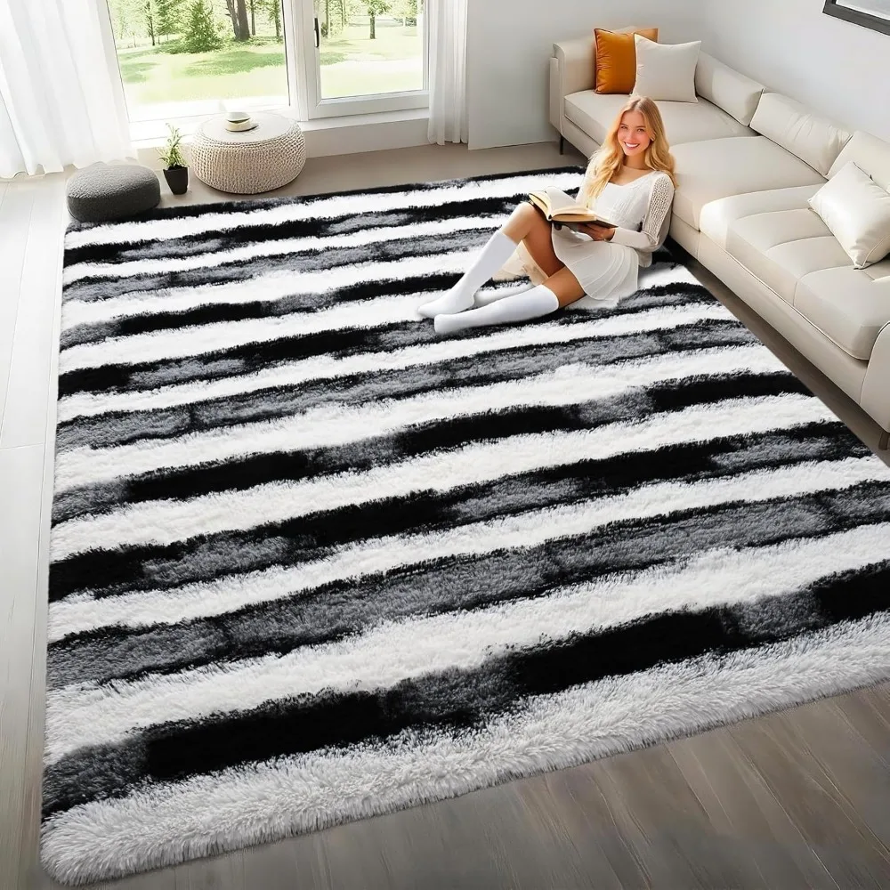

6x9 Feet Area Rugs for Living Room Bedroom,Black and White Machine Washable Soft Fluffy Shaggy Indoor Rug, Floor Carpet for Girl