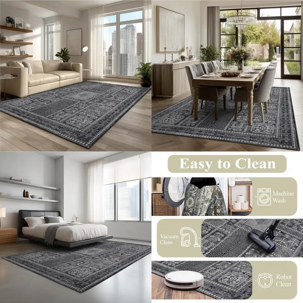 

Washable Area Rugs 8x10, Large Rugs for Living Room, Carpet for Bedroom, Soft Faux Wool Retro Dining Room Rug, Non-Slip Backing