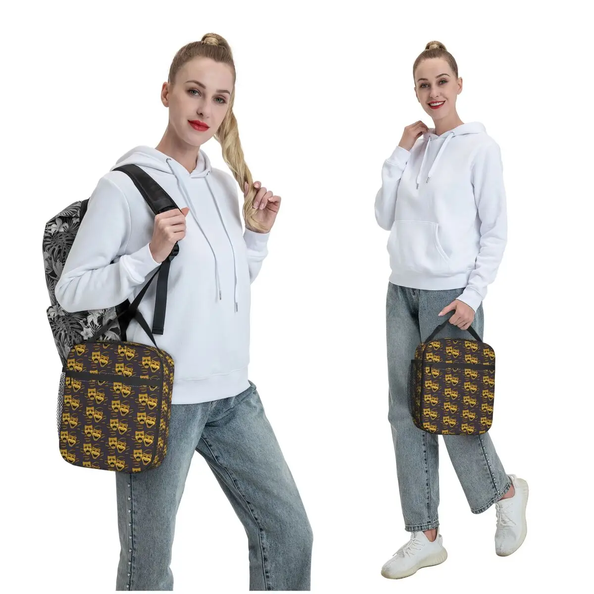 Gold Comedy And Tragedy Theater Masks Insulated Lunch Bag for Women Kids Leakproof Food Boxes Thermal Lunch Box Tote view 5