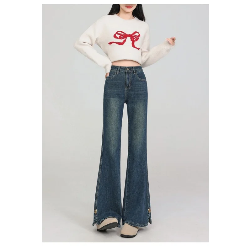 Celana Jeans High-waisted Model Slit Sedikit Melebar, Gaya Retro, Serbaguna, Ramping, Cocok untuk Musim Semi dan Gugur