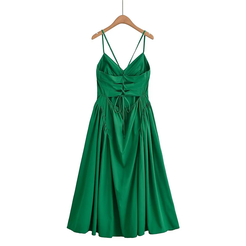 YENKYE Sexy Backless Back Cross Sling Green Dress Women Low Waist V Neck A-line Midi Summer Dress Chic Lady Vacation Vestidos