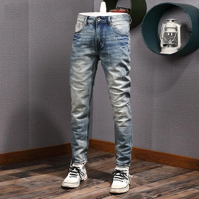 

Fashion Designer Men Jeans High Quality Retro Washed Blue Stretch Slim Fit Ripped Jeans Men Y2K Vintage Casual Denim Pants Homme