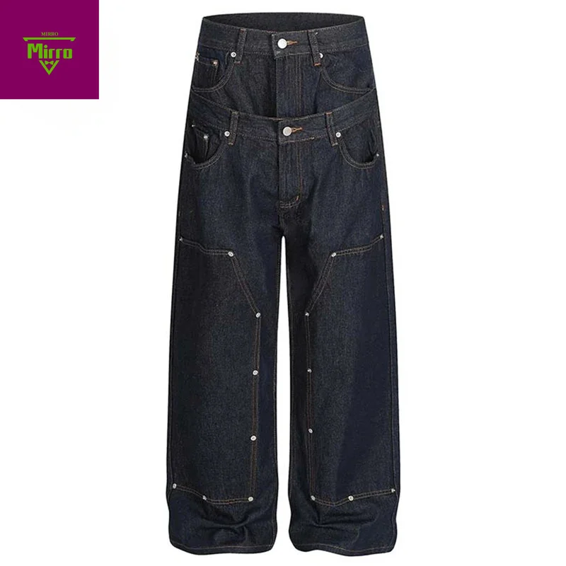 

Men Baggy Jeans Fake Two Piece Blue Loose Straight Denim Pants Streetwear Harajuku Hip Hop Jeans Trousers