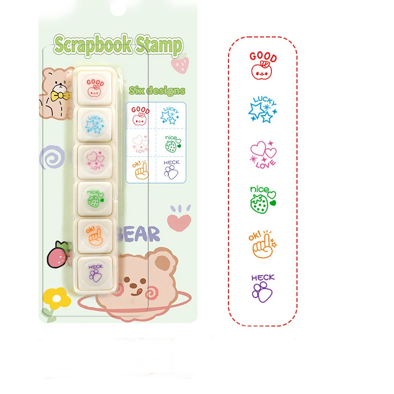 6pcs/set Creative Self Ink Reward Stamps Kawaii Press Inkpad Stamps Encourage Kids DIY Art Crafts Stationery Office Supplies