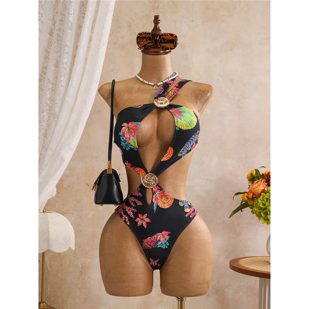 Blumenmuster, asymmetrischer Schnitt, einteiliger Badeanzug für Damen, One-Shoulder-Design, mit Ausschnitten, Monokini, Badebekleidung, Badeanzug, Modell V8370. – Detail 7