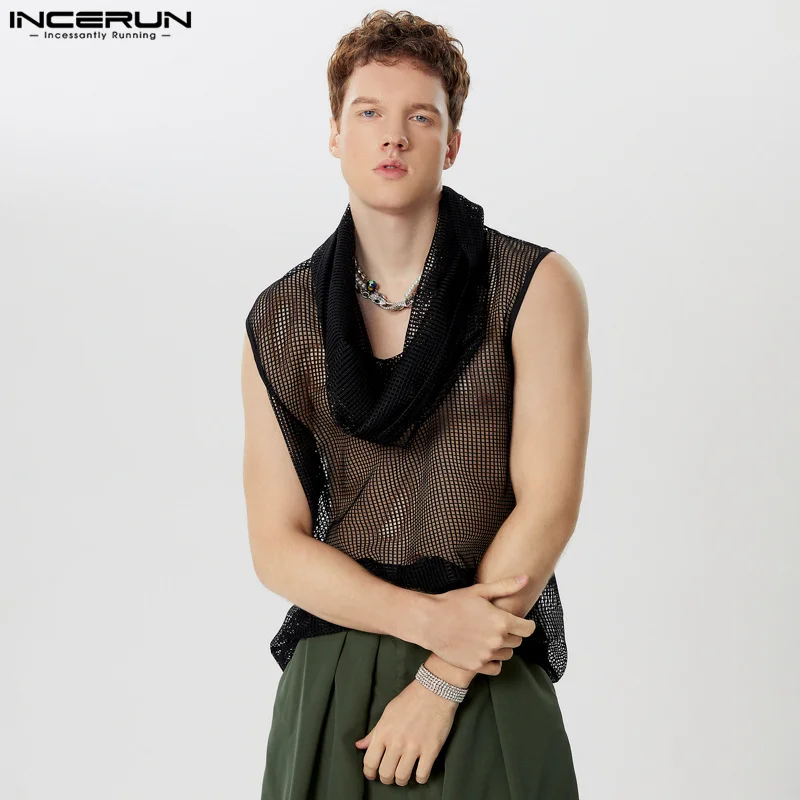 Sexy Well Fitting Tops INCERUN New Men\'s Hollowed Mesh Vests Summer Male Casual Hot Sale Thin Swing Collar Tank Tops S-5XL 2024