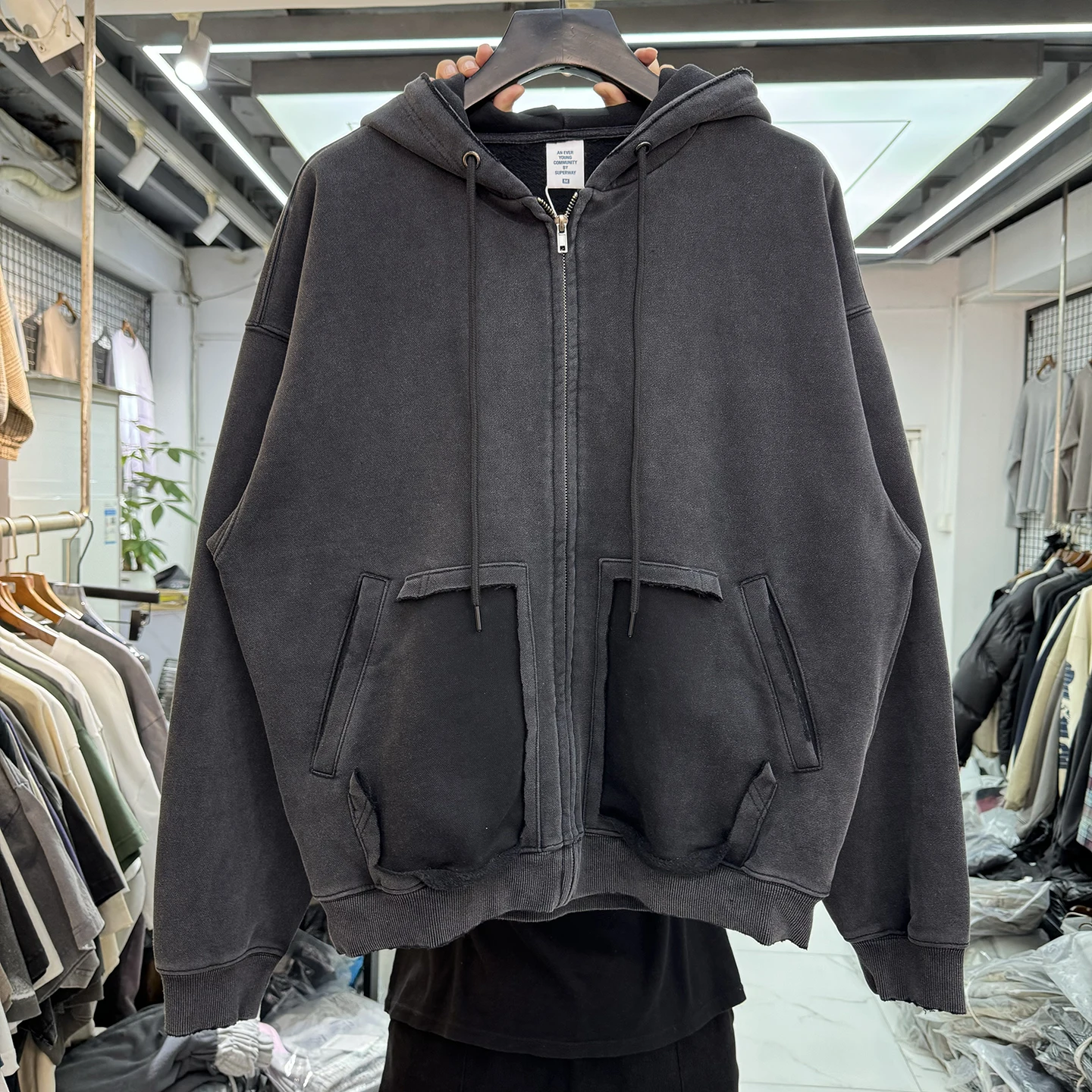 

American Sle Heavyweight Faded Zipper Fce Lined Loose Casual Color Hoodie Men's Trendy Streetwear Sweatirt