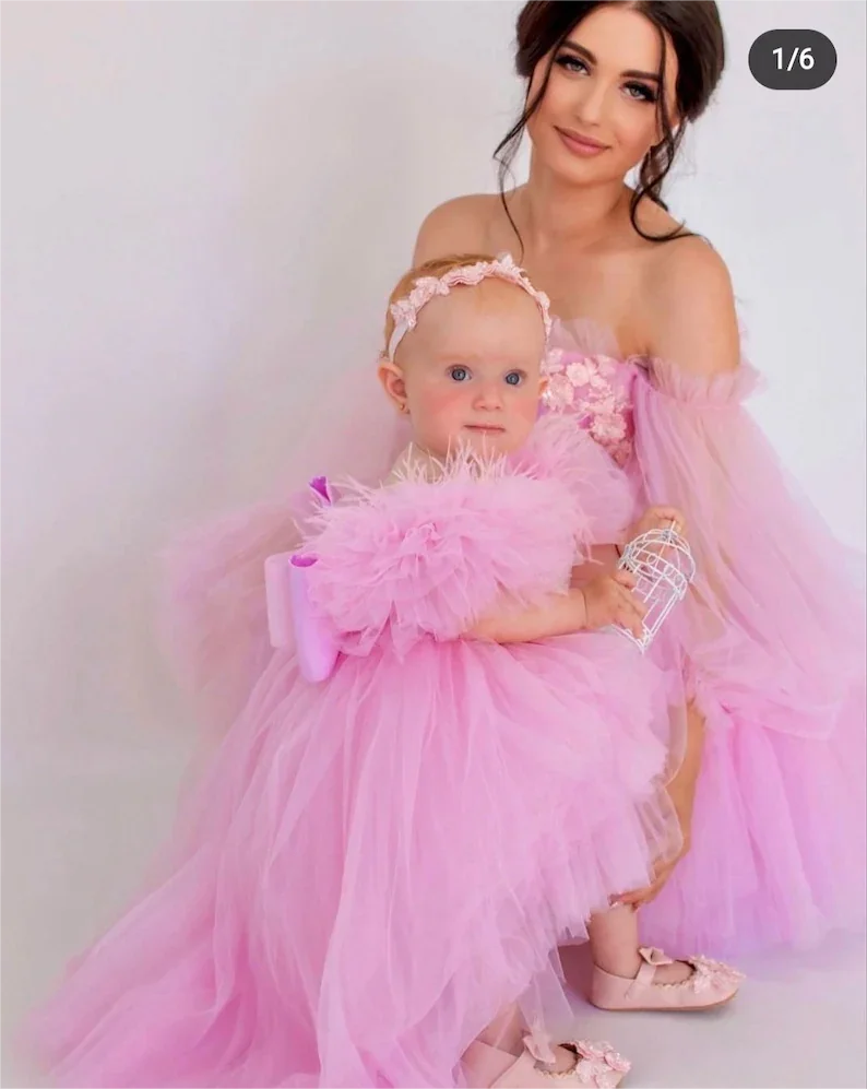 Roze Pluizige Puff Vestidos Moeder Dochter Bijpassende Tutu Jurk Mama En Mij Outfits Voor Babyshower Of Fotoshoot