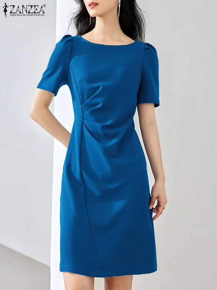 

2024 ZANZEA Summer Elegant Office Work Dress Women Fashion Short Sleeve Pleated Midi Sundress Casual Solid OL Party Vestido Robe