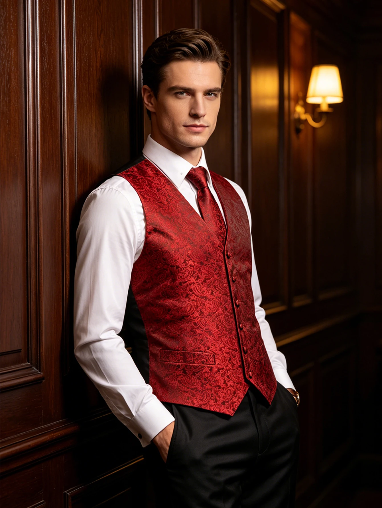 

Burgundy Jacquard V-Neck Vest 4Pcs Combo Tie Square Cufflinks For Engagement Wedding Anniversary Ceremony