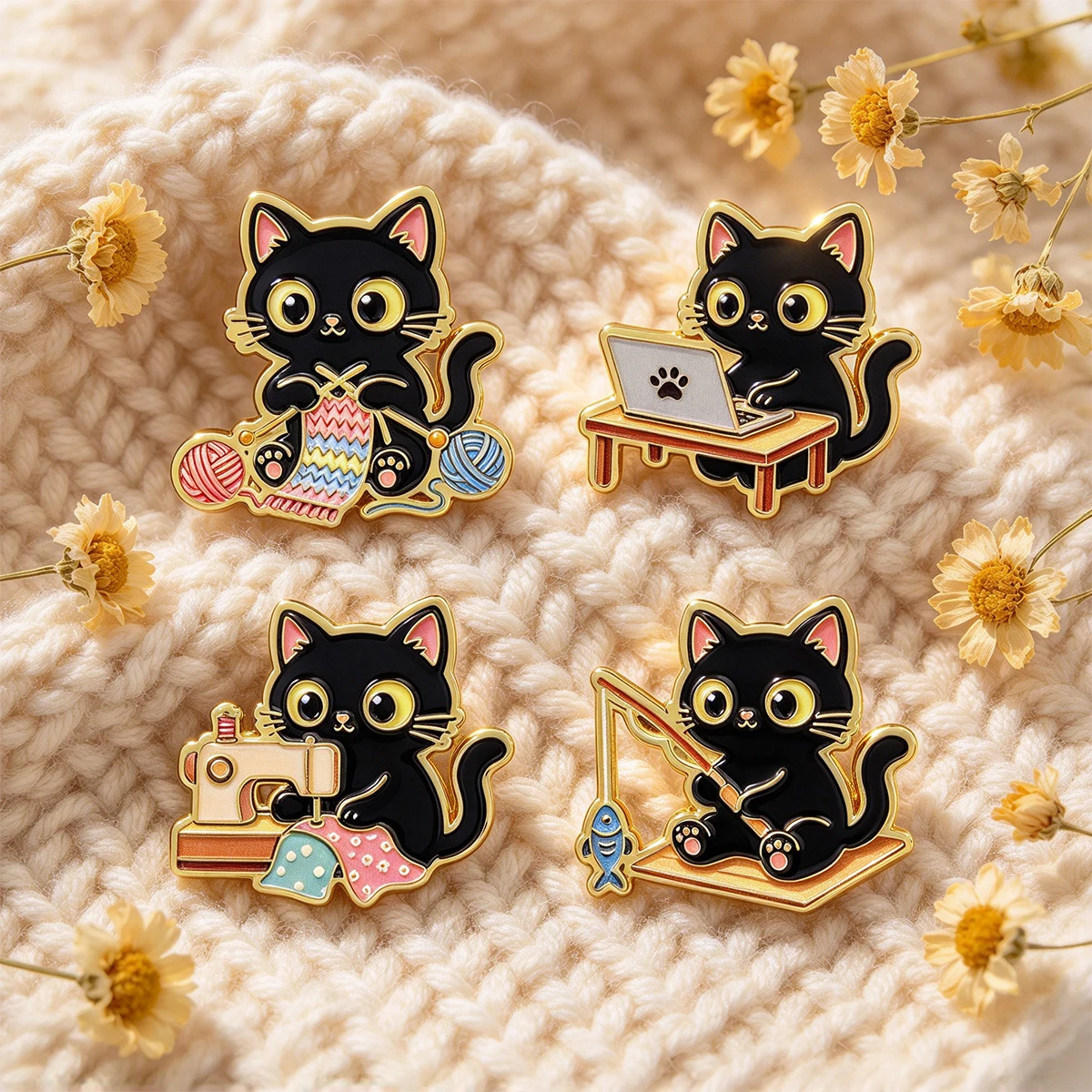 4pcs Kawaii Working Black Cat - Kawaii Tech Accessories recension och pris