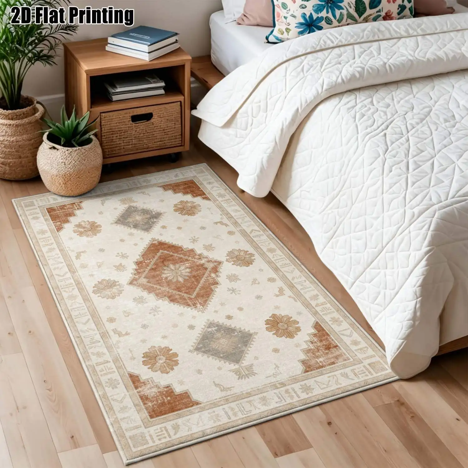 1Pc 2D Printed Carpet: Retro Brown-Gray Geometric Floral Pattern, European Vintage Style, Bohemian Doormat Home Decor, Multi-Size, Machine Washable, Ideal for Entryway, Dining Room, Foyer, Living Room, Bedroom.
