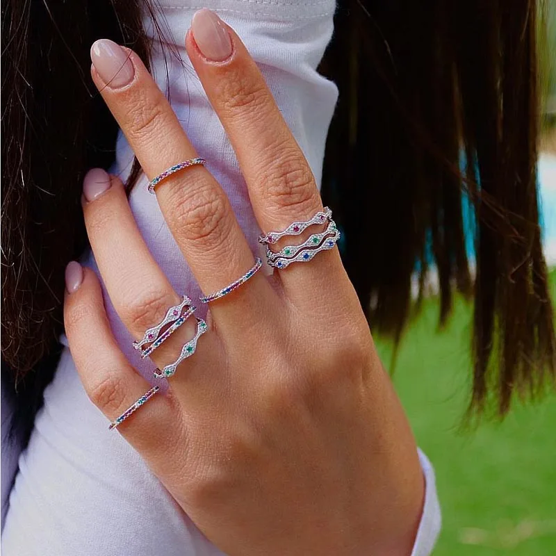 Red Green Blue Cz Turkish Evil Eye Engagement Wedding Band Rings For Lady Women Party Gifts Finger Jewelry Classic Stacking Ring