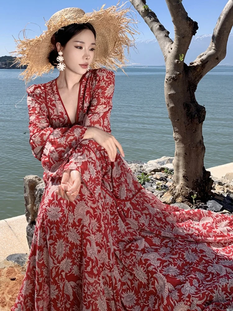 High-End Temperament Ethnic Style Red Printed Dress French Slim Waist  Women's Summer Long Dresses 2025 New Female Clothing
