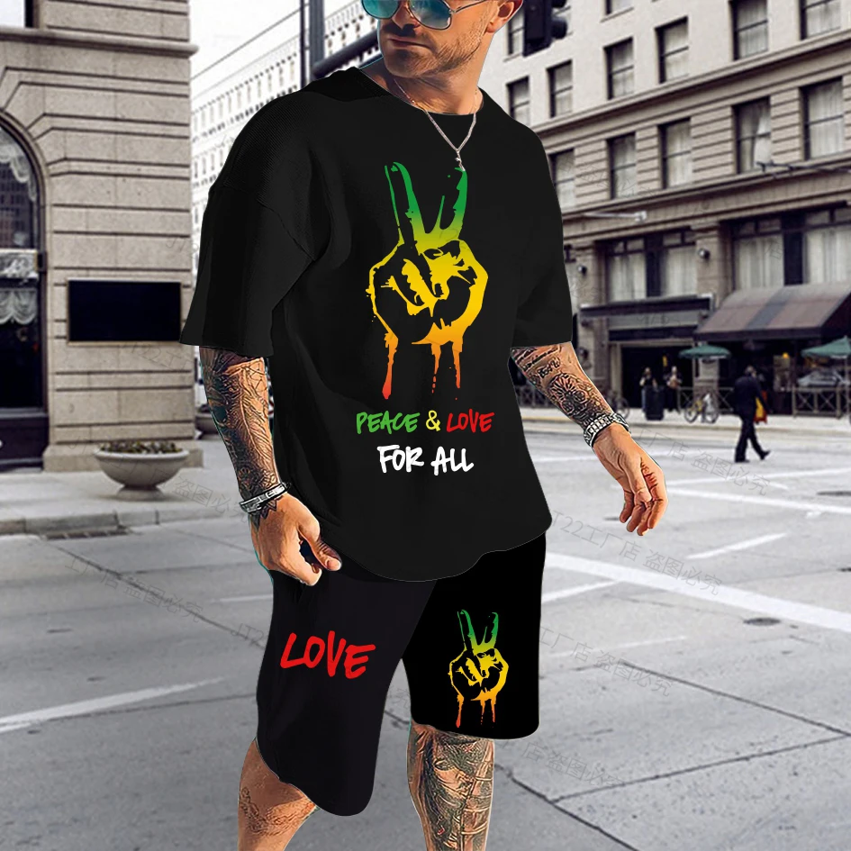 Conjunto de camiseta e shorts masculinos Bob Marley Reggae Music, roupa masculina extragrande, terno casual de verão, streetwear, 2 peças