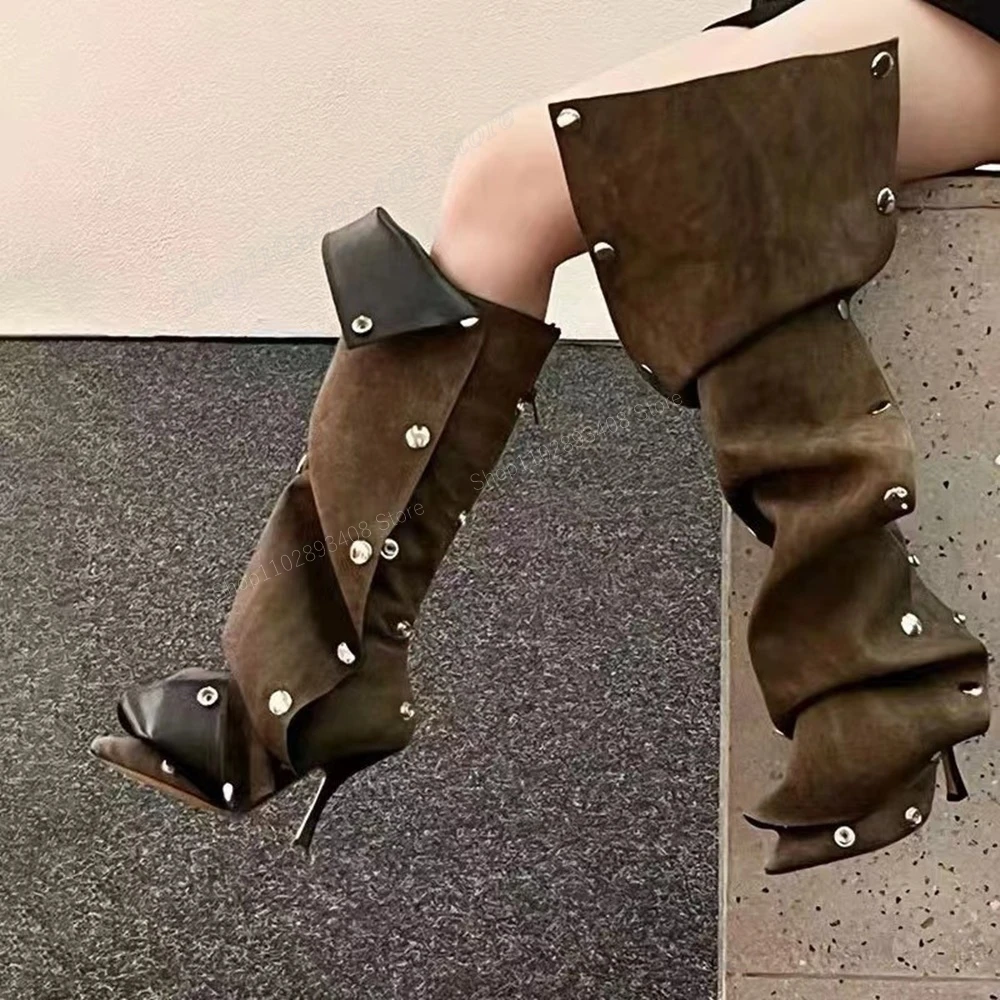 

Metal Rivets Denim Splicing Casual Two-wear Knee-high Boots Western Foreign Trade High-heeled Pointed 2024 Zapatos Para Mujere