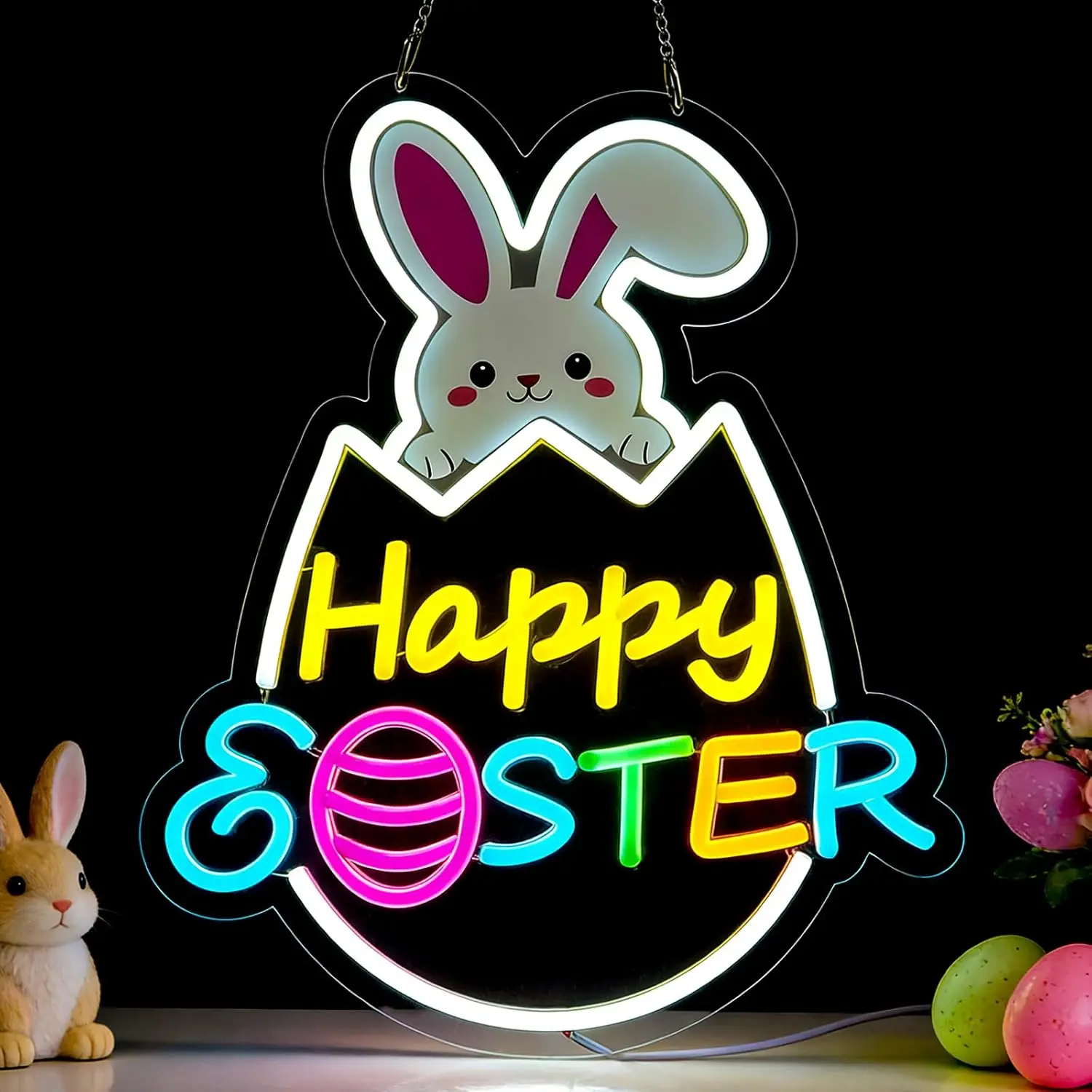 

Happy Easter Neon Sign Art Wall Light USB Bunny Egg Neon Light for Party Bar Bedroom Decoration Gift Spring Front Yard LED Sign