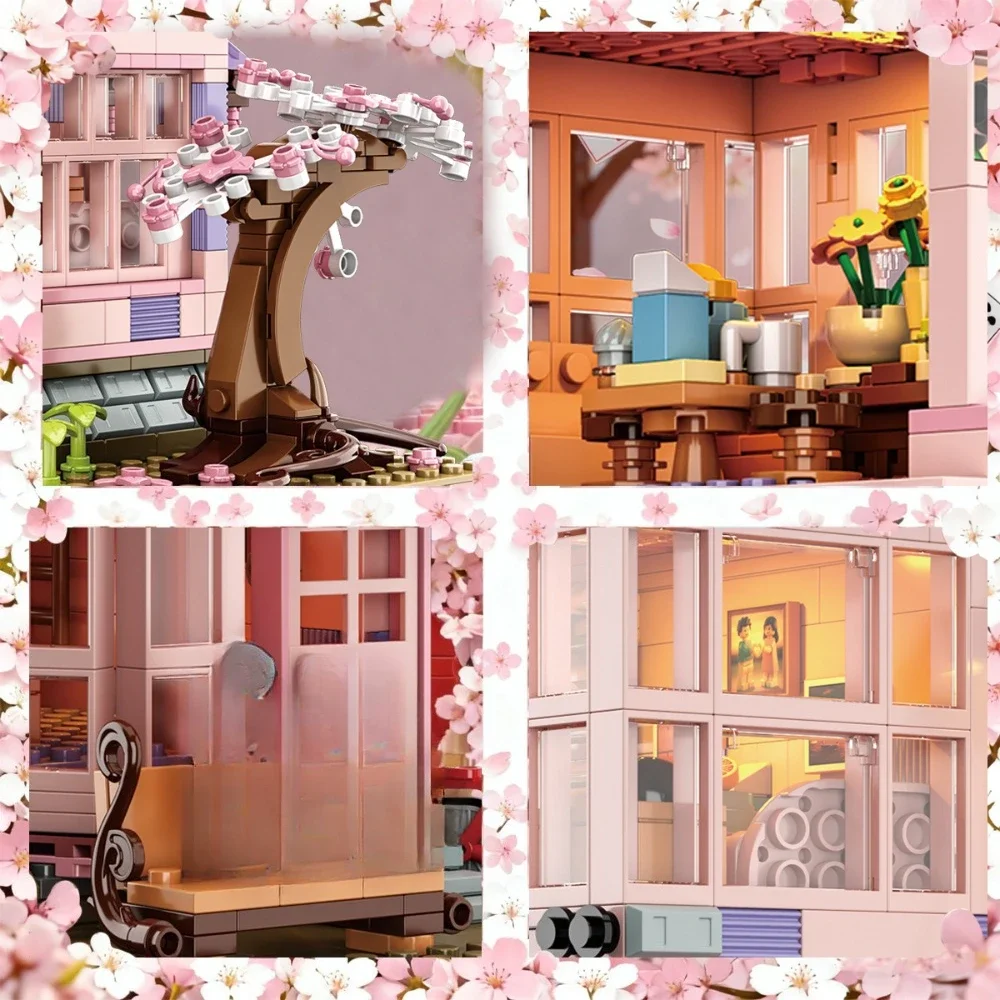 MOC Sakura-Juego de bloques de construcción de casa de Villa de dos pisos, escenarios de la vida diaria, cabaña rosa, juguetes para niños, regalos de cumpleaños