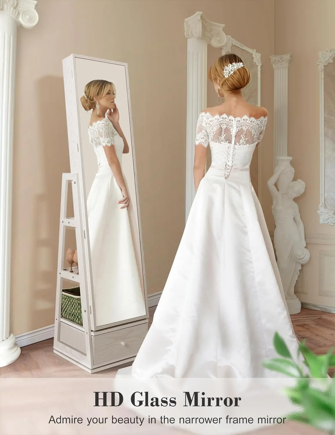 360° Swivel Jewelry Cabinet with Lights, Touch Screen Vanity Mirror, Rotatable Full Length Mirror , Customized