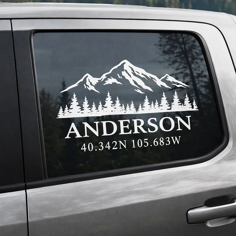 Custom Mountain Coordinates Car Window Decal Personalized Name Forest Vinyl Sticker for SUV Truck Camper Rear Window