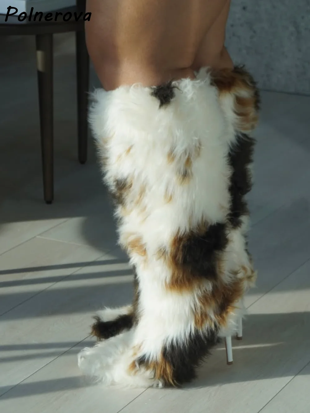 Furry White Brown Knee High Boots Pointy Toe Thin Heels Soft Warm Patchwork Elegant Shoes Women's Winter Fashion Elegant Boots