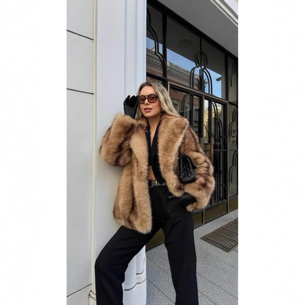 

New Winter Women's Eco Fur Jacket Brown Suit Collar Warm Eco Faux Fur Coat For Lady Chic Loose Fit Female Artificial Fur Coat