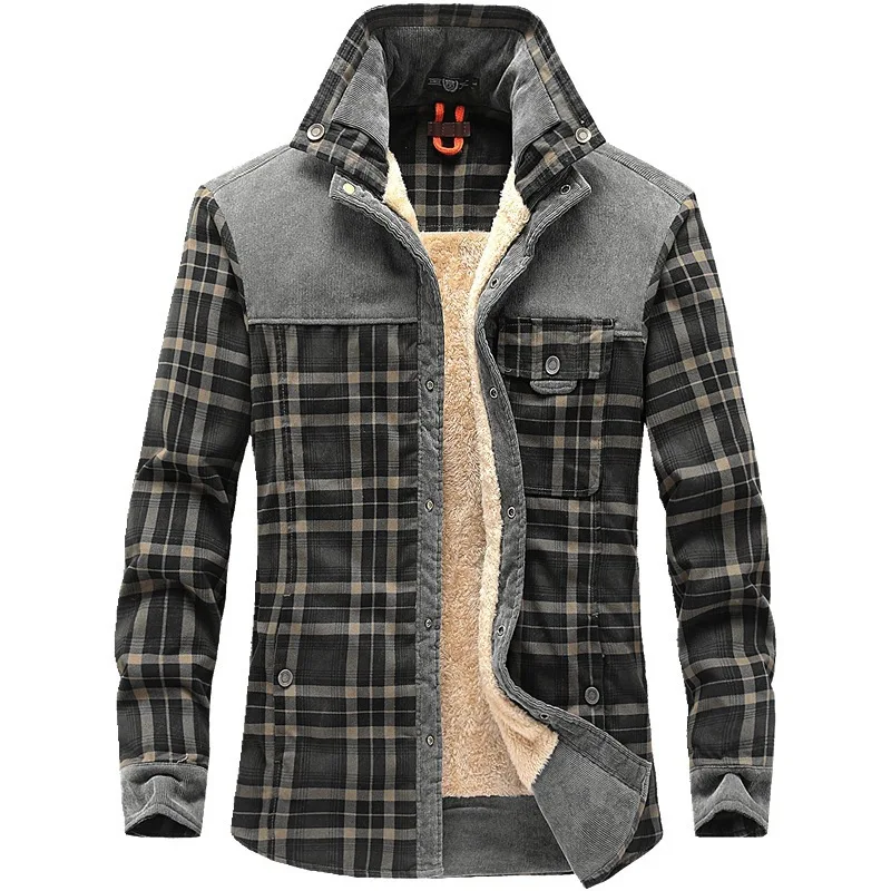 Men Cotton Fit Business Casual Outerwear Shirts Jackets Men Winter Plaid Shirts Jackets Fleece Warm Shirts Coats High Quality