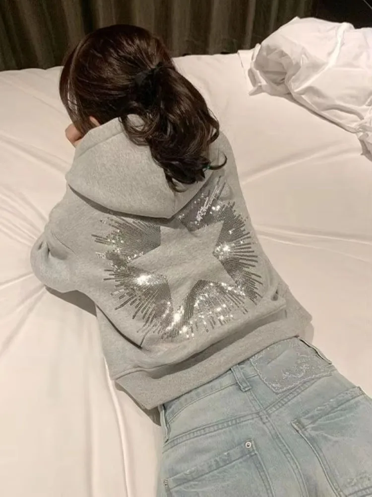 Fashion Simple Hoodies Long Sleeve Pockets Star Sequined Design Sweatshirts Female Slim Crop Tops Spring Autumn Women's Clothing