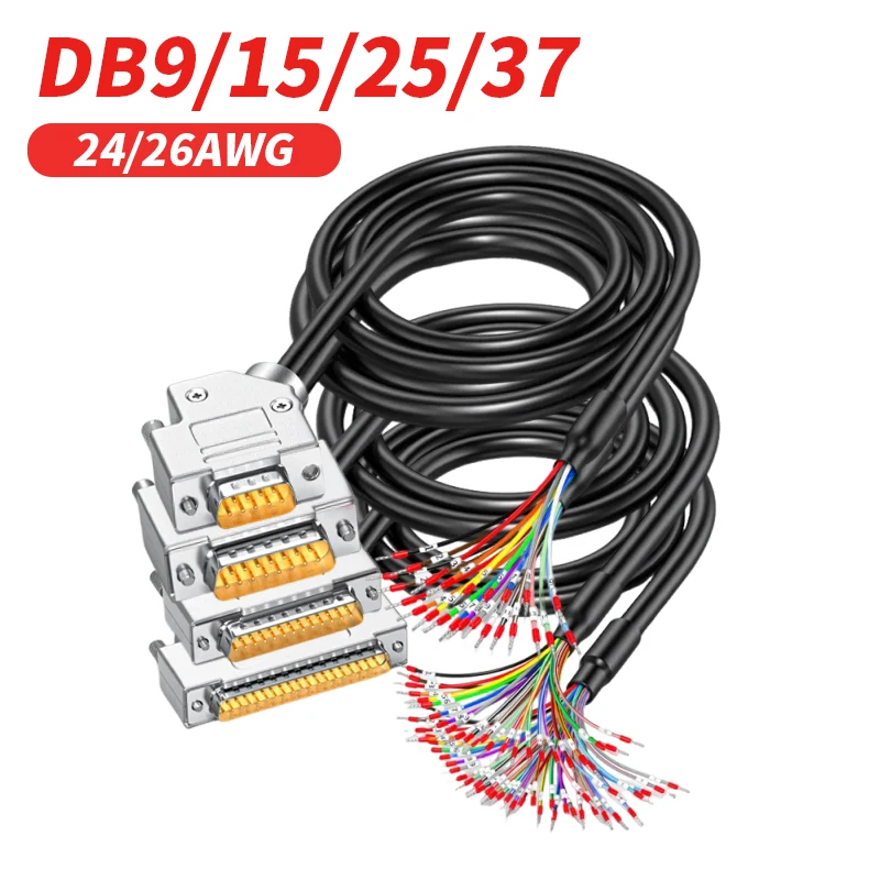 Elbow DB 9/15/25/37Pin Single Head Connector 24/26AWG Dual Shielded Wire DB9 DB15 DB25 DB37 Plug w Digital Number Terminal Cable