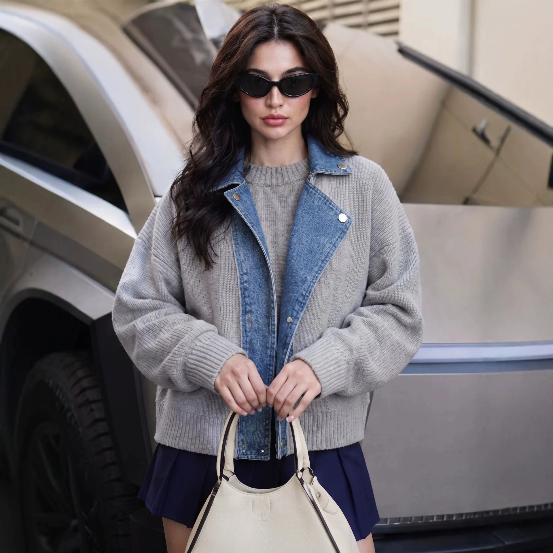 Women's Patchwork Denim Knit Jacket Zip Up Moto Biker Cardigan Coat Color Block Long Sleeve Sweater Outerwear