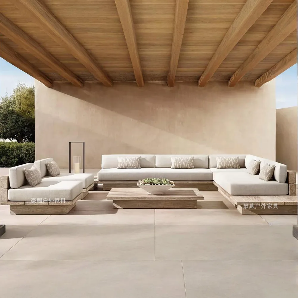 

Outdoor Sofa Courtyard Villa Teak Old Leisure Open-air Waterproof Room Garden Outer Terrace Solid Wood Sofa Combination
