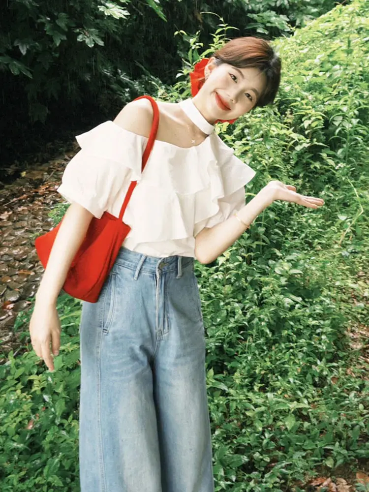 

Gentle Wind Beautiful Ruffle Sleeve Asymmetrical Shoulder Shirt French Style Short Sleeve Women's Casual Top UV Protection