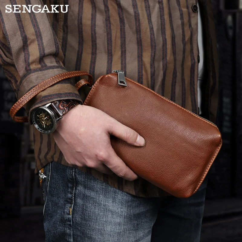 Genuine Leather Men clutch Wallet Handmade Cowhide Long Wallet Handbag Business Clutch Pack Pouch Large Capacity Male Hand Bag