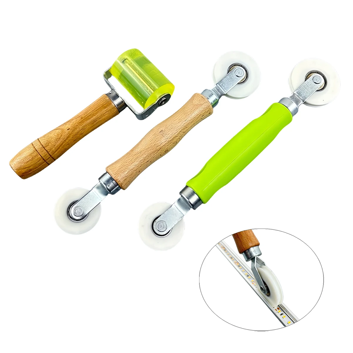 

Пластиковый роликовый инструмент с деревянной ручкой для установки светодиодных лент в алюминиевом диффузоре и крепления крышки ПК для сжатия