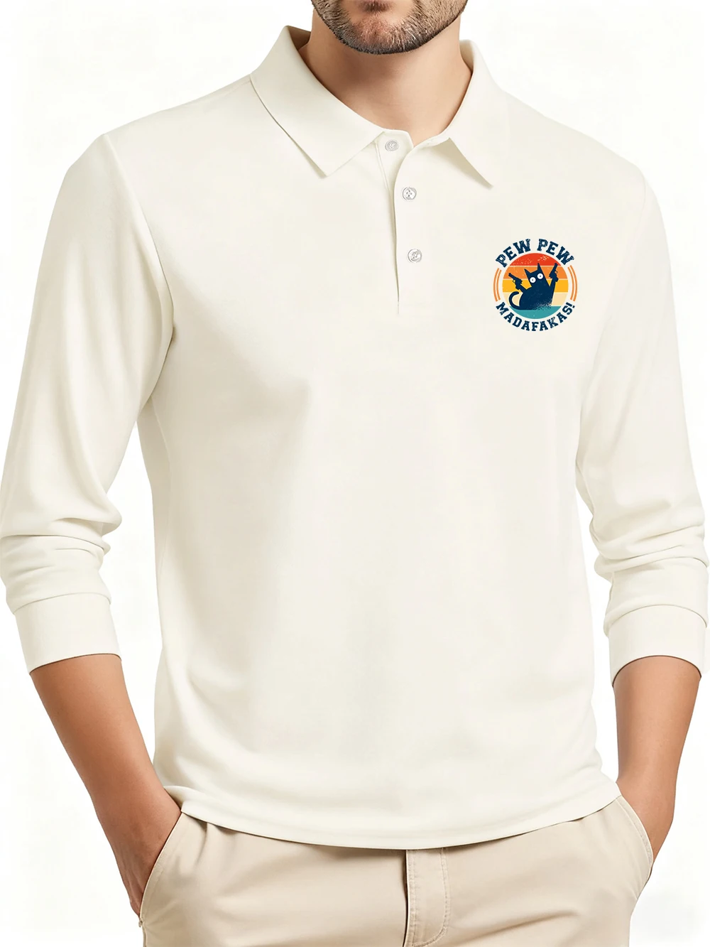 

Madafakas Double Gun Cat Printing Polo Shirt Men Autumn Long Sleeves T-Shirts Commuting Breathable Tops Casual Male Clothes