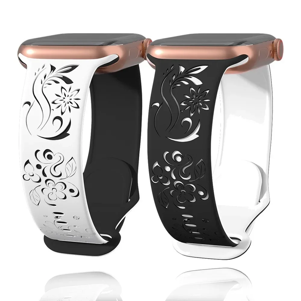 2pcs Floral Engraved Silicone Bands for Apple Watch Series 10 9 8 7 6 SE 5 4 3 Sport Straps 42mm 46mm 49mm 45mm 40mm 44mm 41mm