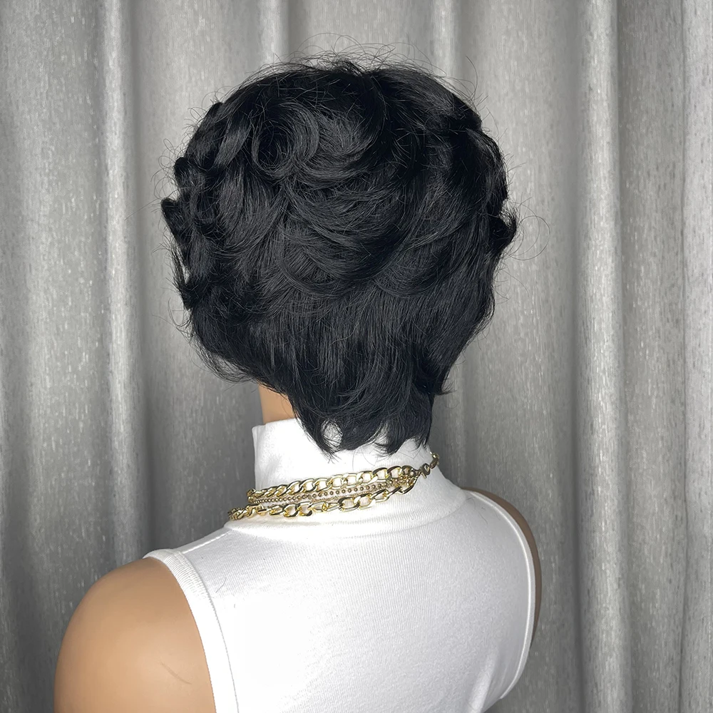 Peruka Pixie Cut z Włosów Naturalnych, Cała Wykonana Maszynowo, Kręcone Włosy typu Egg Curl, Peruka Pixie Cut z Włosów Naturalnych z Grzywką, Kręcone Peruki z Włosów Naturalnych dla Czarnoskórych Kobiet
