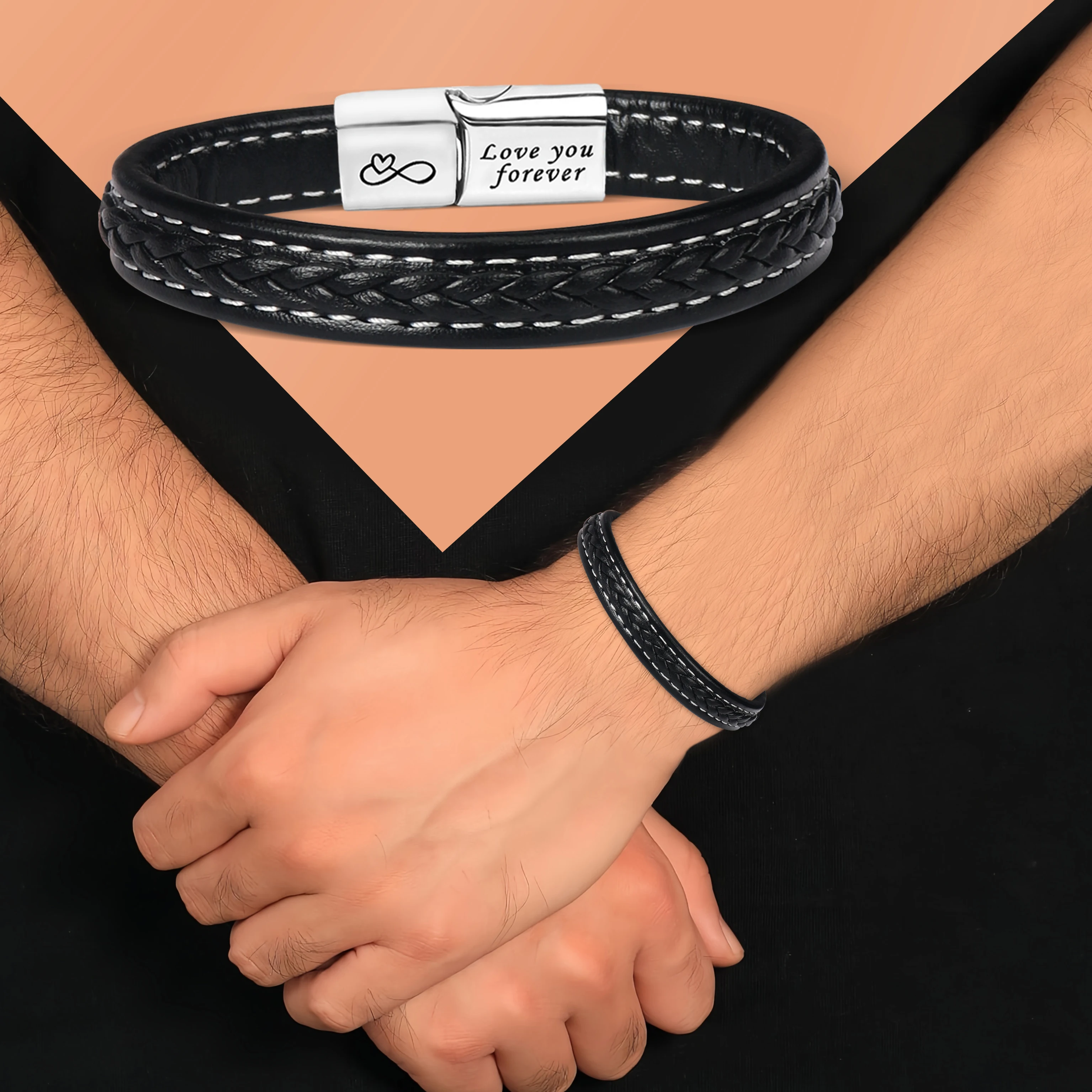 아빠의 생일 선물 - 자석 걸쇠가 달린 가죽 팔찌, 맞춤 각인, 카드 포함 - 아버지의 날에 딱 맞습니다.