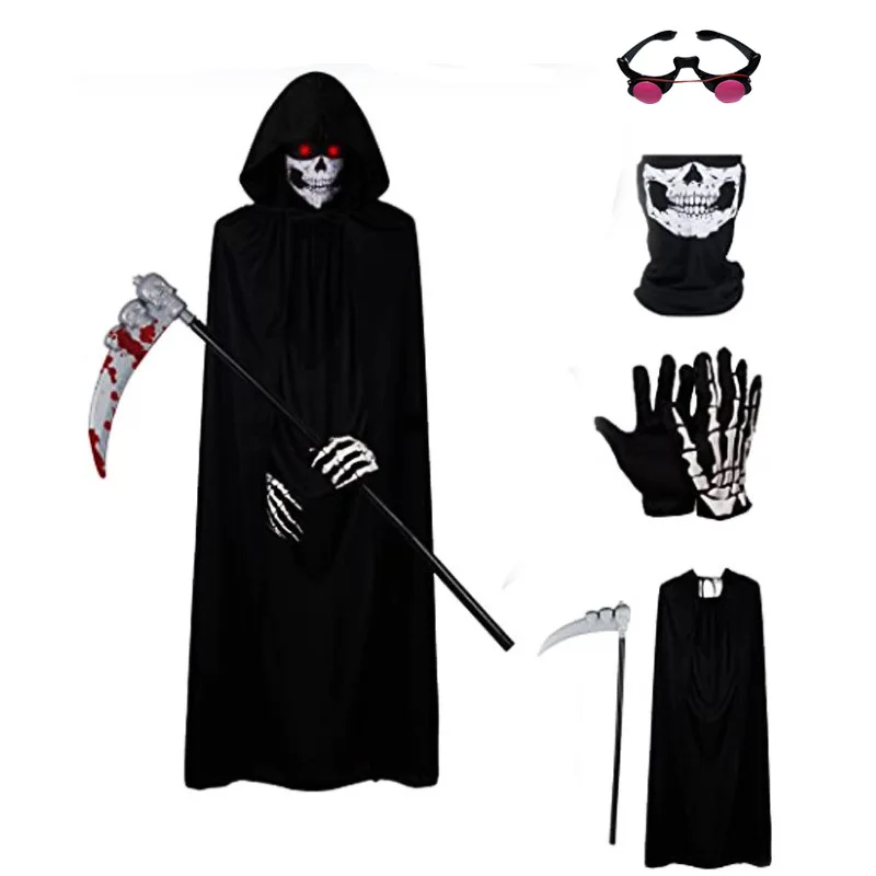 Adult Kids Halloween Demon Ghosts Costume Dress Up Party Man Women Black Scream Death Demon Grim Reaper Cospaly Clothes Ecoparty