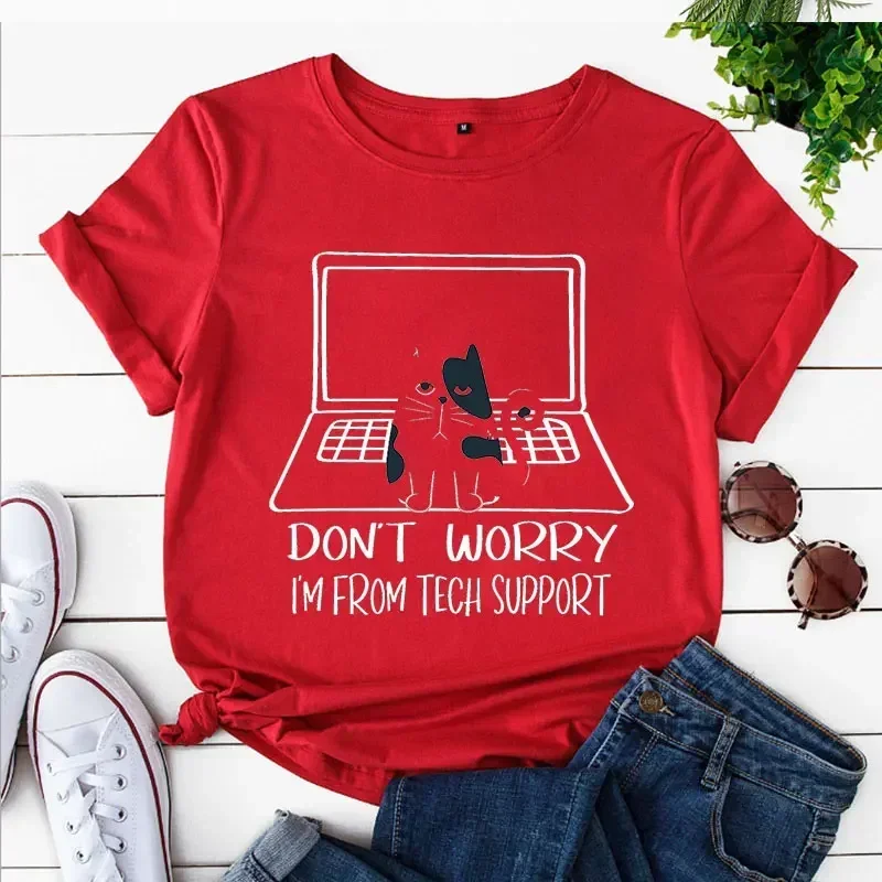 Summer Short Sleeve Casual Ladies Fashion Female Cute Cat Graphic Tee Clothing T-shirt  Women I'm From Tech Support Sweet Print