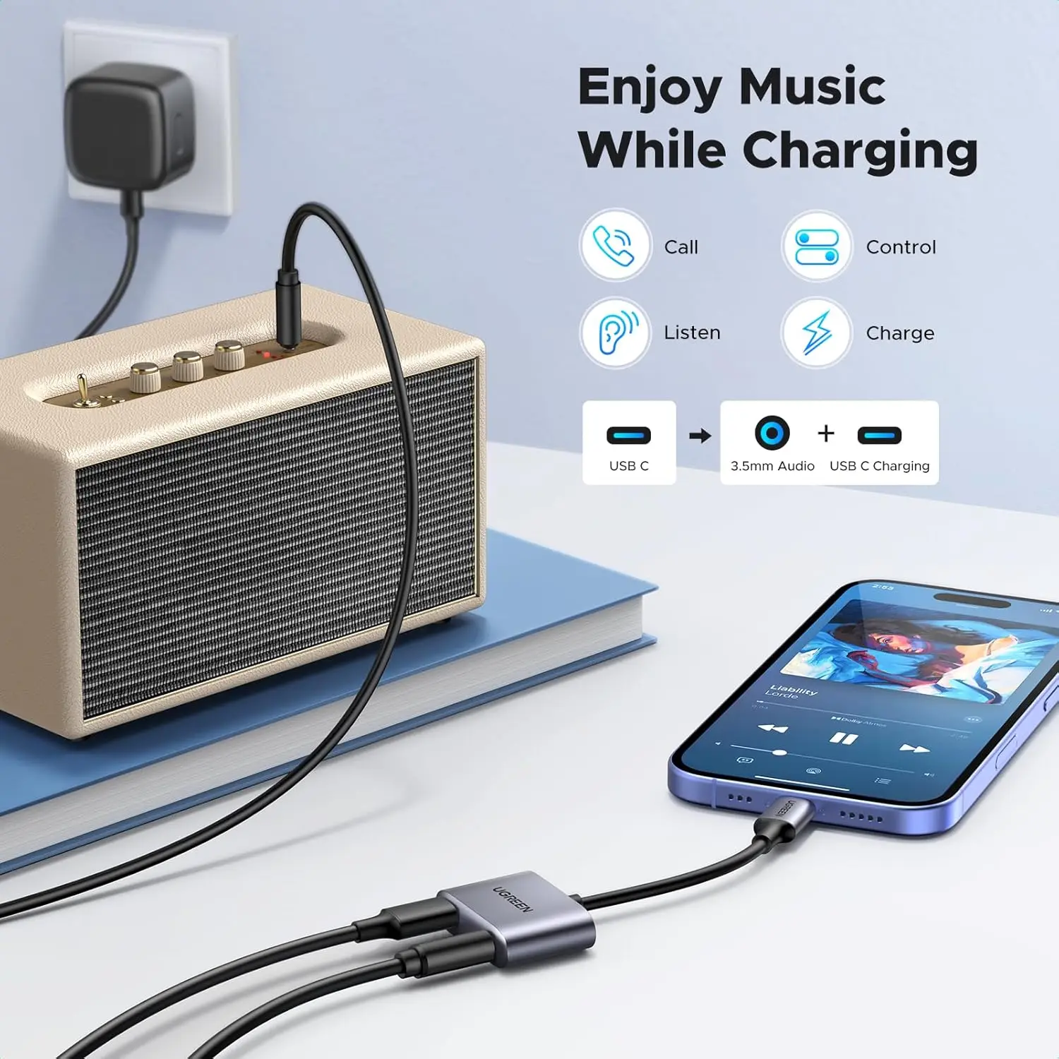 UGREEN USB C to 3.5mm Headphone Charger USB C to AUX Cable Adapter Type C 3.5mm AUX Earphone Converter for Samsung
