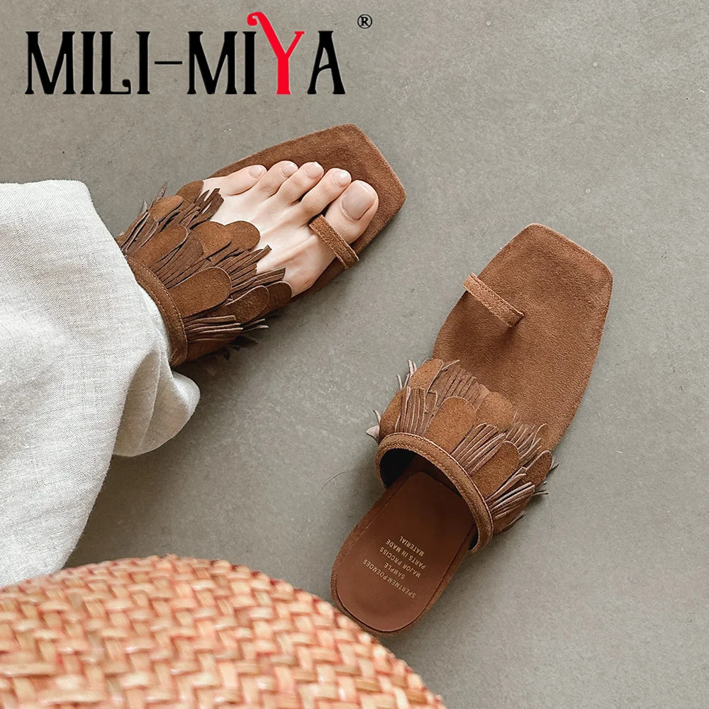 MILI-MIYA Women's Cowhide Leather Square-Toe Casual Sandals with Chunky Heel and Slip-On Design in Plus Sizes