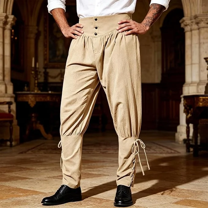 Men Casual Long Ankle Pants, Medieval Renaissance Viking Pirate Lace Up Tapered Trousers, Halloween Cosplay Costume Pants