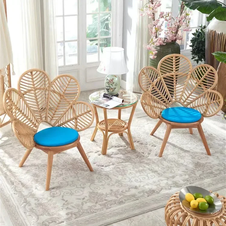 Günstiger Preis Vintage natürlicher Outdoor-Sonnencreme Rattan Korbgeflecht Blume Rattan Terrasse Gartenstuhl