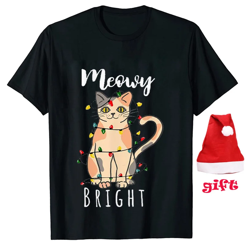 Camiseta divertida con estampado de gato negro, camisetas I Do What para mujer, camisetas de manga corta para fiesta de árbol de Navidad, camisetas femeninas con sombreros de Navidad