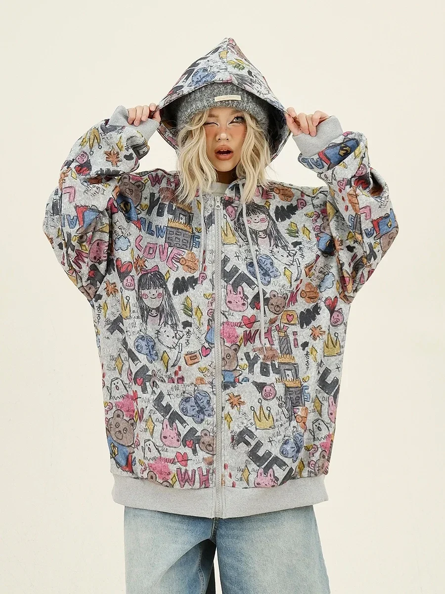 Cartoon Graffiti Full Print Hooded Sweatshirts Cardigan 2024 Autumn New Loose Bf College Style Woman