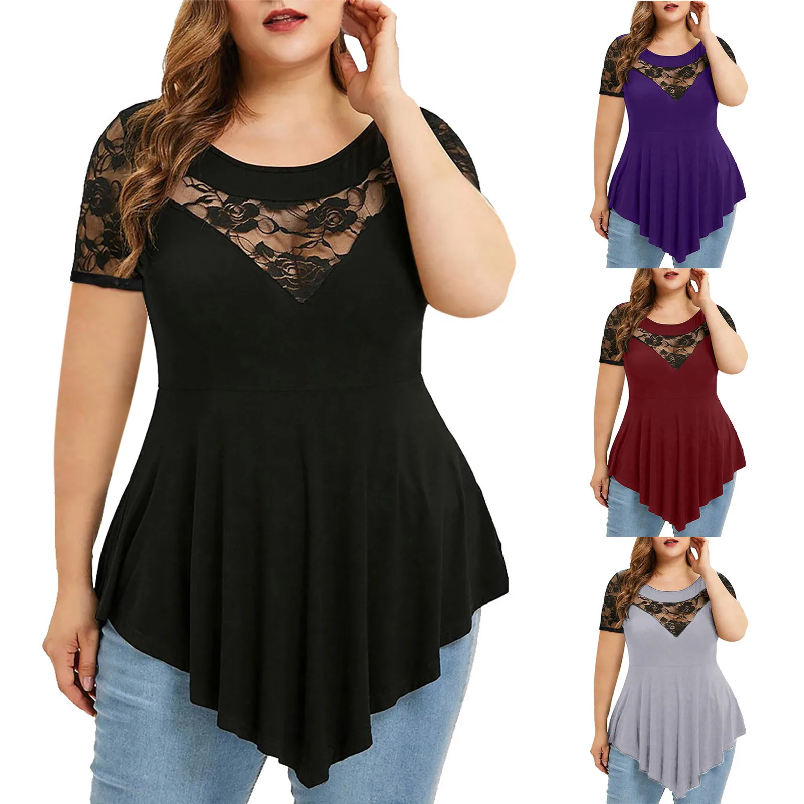 Nowy Plus Size damski duży kwiat koronkowy krótki rękaw wydrążony seksowny nieregularny brzeg wokół szyi damski top T-shirt Pullover